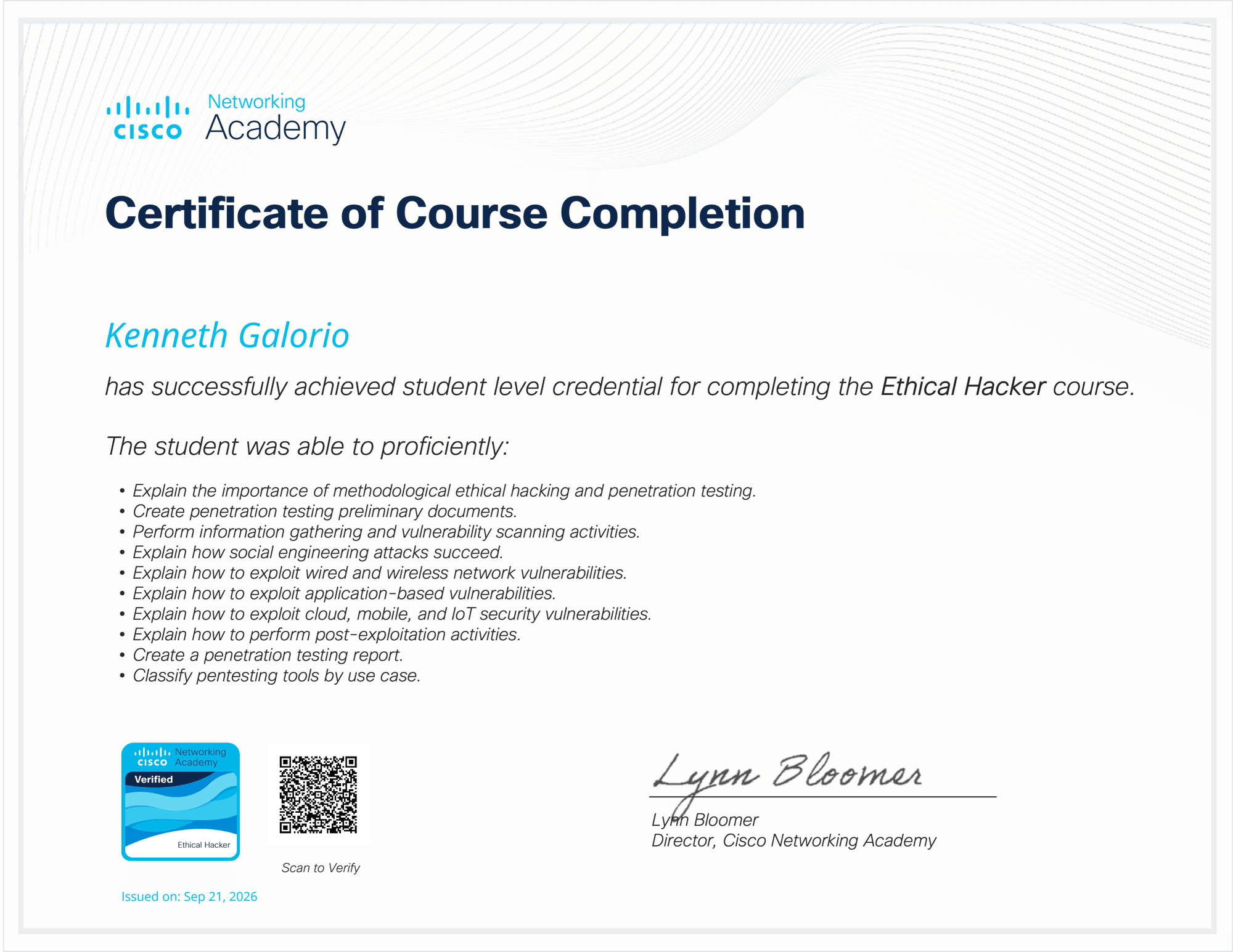 Cisco Networking Academy Certificate of Course Completion awarded to Kenneth Galorio for completing the Ethical Hacker course on September 21, 2026.